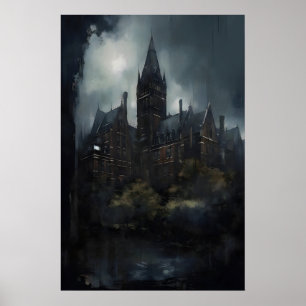 Asylum Gothic Architecture Wall Art, Moody Oil Poster
