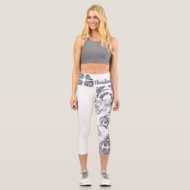 Asymmetrical Black and White Pattern & Your Name Capri Leggings (Front)