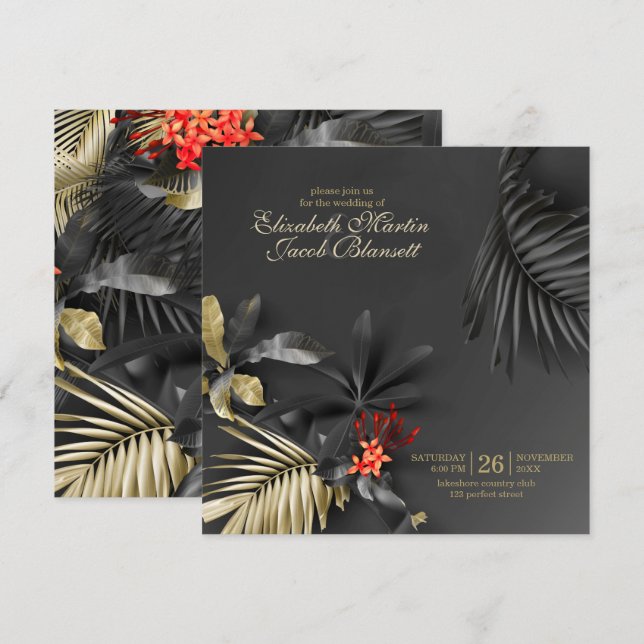 Asymmetrical Elegant Dark Tropical Floral Wedding Invitation (Front/Back)