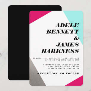 Asymmetrical Hot Pink Silver & Turquoise Wedding Invitation