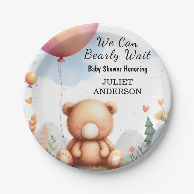 At Animal Cub Boho We Can Bearly Wait Baby Shower Paper Plate (Front)