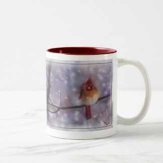At Cold Day's End Lady Cardinal. Two-Tone Coffee Mug