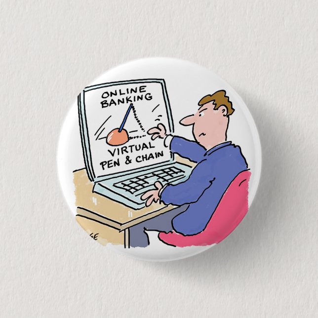 At Computer Online Banking Funny Cartoon 3 Cm Round Badge (Front)