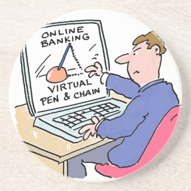At Computer Online Banking Funny Cartoon Coaster (Front)