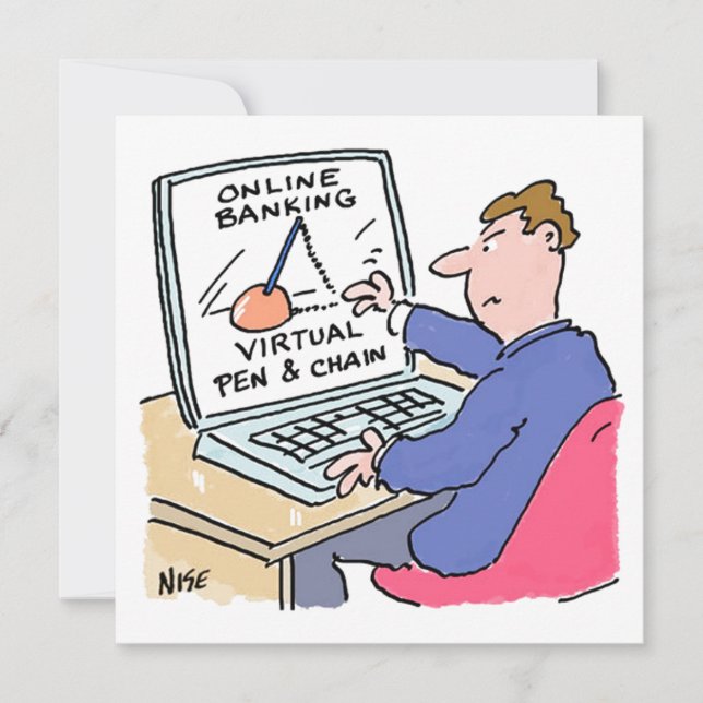 At Computer Online Banking Funny Cartoon Holiday Card (Front)