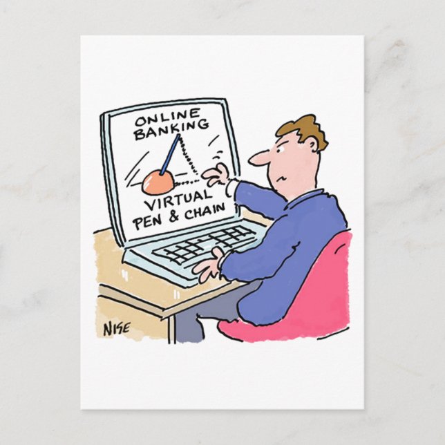 At Computer Online Banking Funny Cartoon Postcard (Front)
