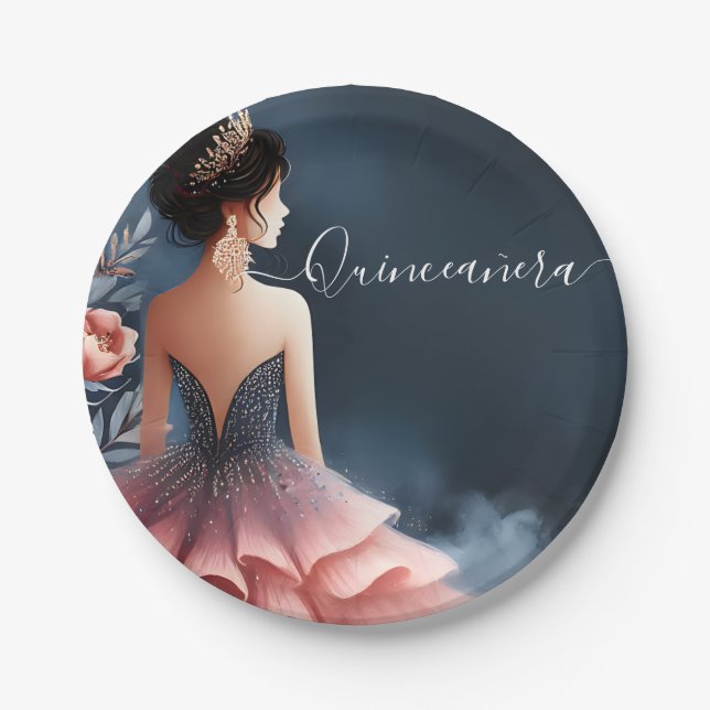 At Glam Ball Gown Spark Dark Navy Blue Quinceanera Paper Plate (Front)