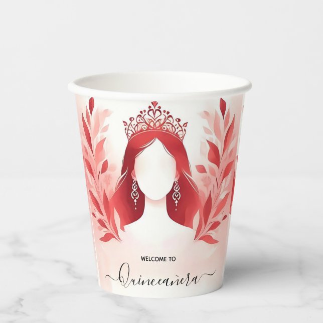 At Hot Pink Crown Tiara Black Lace Red Quinceanera Paper Cups (Front)