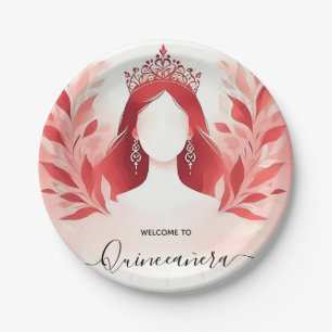 At Hot Pink Crown Tiara Black Lace Red Quinceanera Paper Plate