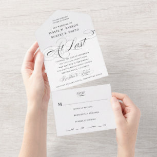 At Last Black and White Calligraphy Wedding All In One Invitation