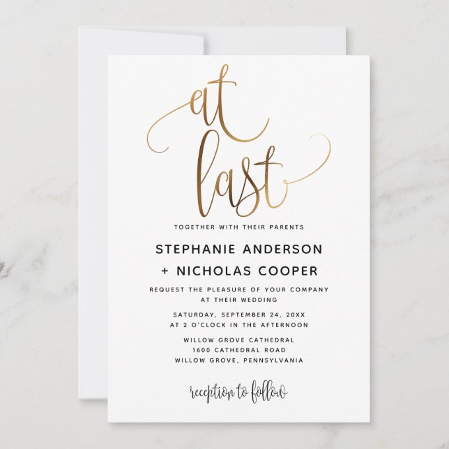 At Last Black Gold Script Typography Wedding  Invitation (Front)