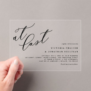 At Last Black Modern Calligraphy Wedding Acrylic Invitations