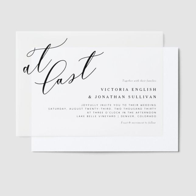 At Last Black Modern Calligraphy Wedding Vellum Invitations (Offset)