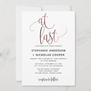 At Last Black Rose Gold Script Typography Wedding Invitation