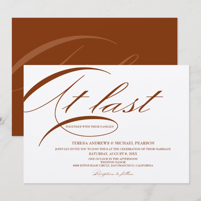 At last Calligraphy Rust red Minimalist Wedding Invitation (Front/Back)