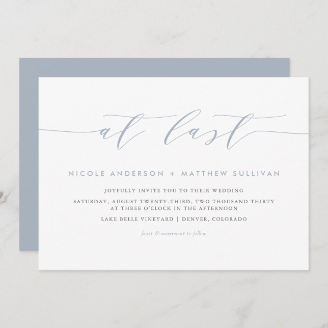 At Last Dusty Blue Minimalist Script Wedding Invitation (Front/Back)