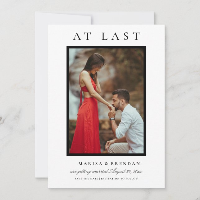 At Last Elegant Black and White Photo Save The Date (Front)