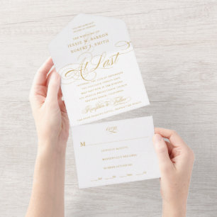 At Last Gold Calligraphy Wedding All In One Invitation