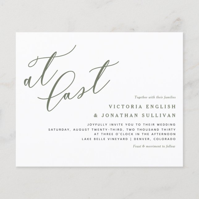 At Last Green Modern Calligraphy Wedding Invite (Front)