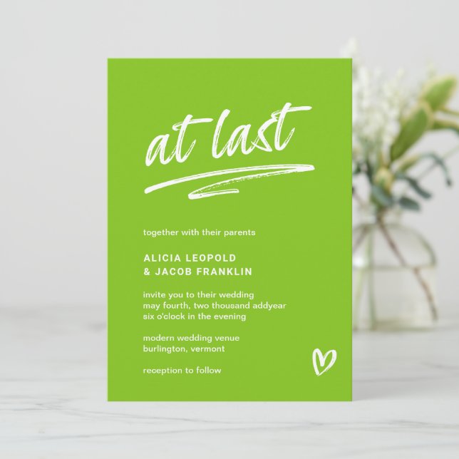 At Last Lime Green Typography Modern Wedding Invitation (Standing Front)