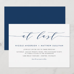 At Last Navy Blue Minimalist Script Wedding Invitation