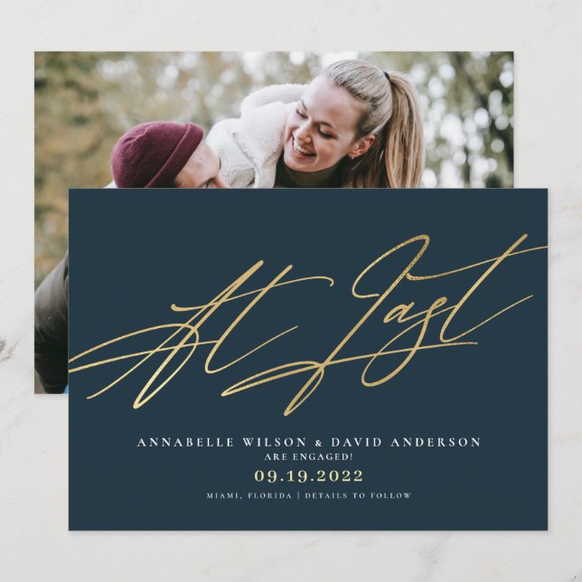 At Last Navy & Gold Photo Engagement Announcement (Front/Back)