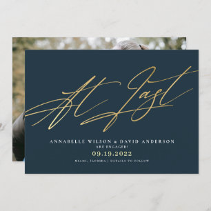 At Last Navy & Gold Photo Engagement Announcement