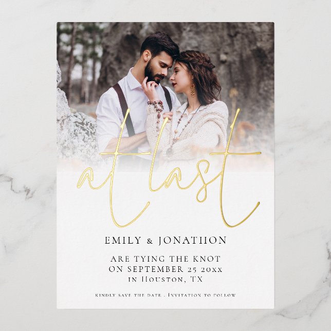At Last Photo Wedding Save The Date Foil Postcard (Front)