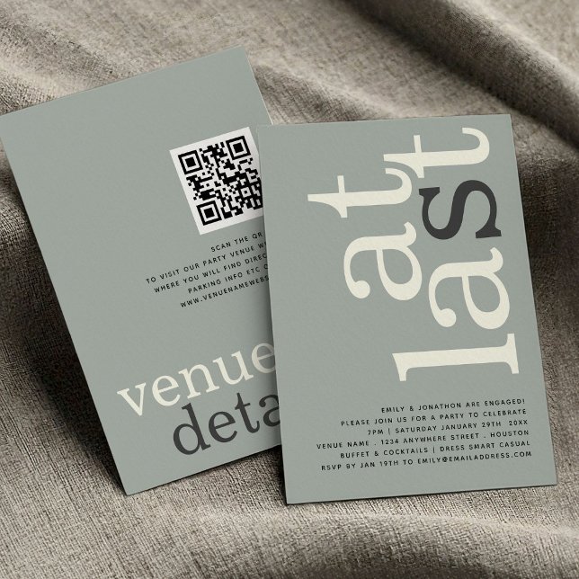 At Last QR Code Sage Ivory Engagement Invitation (front and back view)