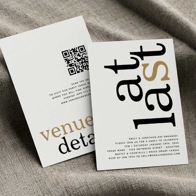 At Last QR Code White Black Gold Engagement Invitation (front and back view)