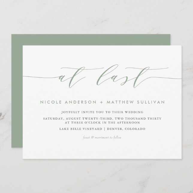 At Last Sage Green Minimalist Script Wedding Invitation (Front/Back)