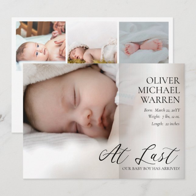 At Last Script 4 Photo Baby Birth Announcement (Front/Back)