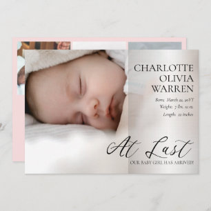 At Last Script 4 Photo Baby Pink Birth Announcement