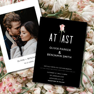 At Last Single Pink Rose Minimalist Black Wedding  Invitation