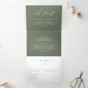At Last Taupe Green Minimalist Script Wedding Tri-Fold Invitation