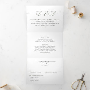 At Last Taupe Green Minimalist Script Wedding Tri-Fold Invitation