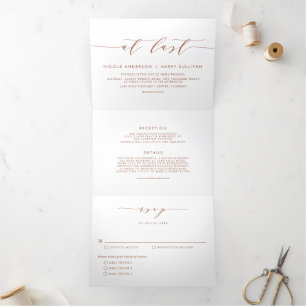 At Last Terracotta Minimalist Script Wedding Tri-Fold Invitation