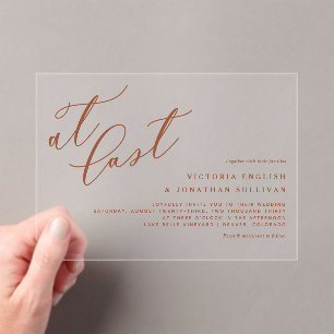 At Last Terracotta Modern Calligraphy Wedding Acrylic Invitations