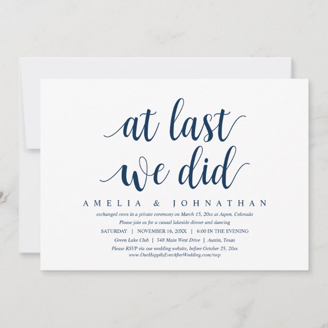 At Last, We Did, Wedding Elopement Dinner Invitati Invitation (Front)