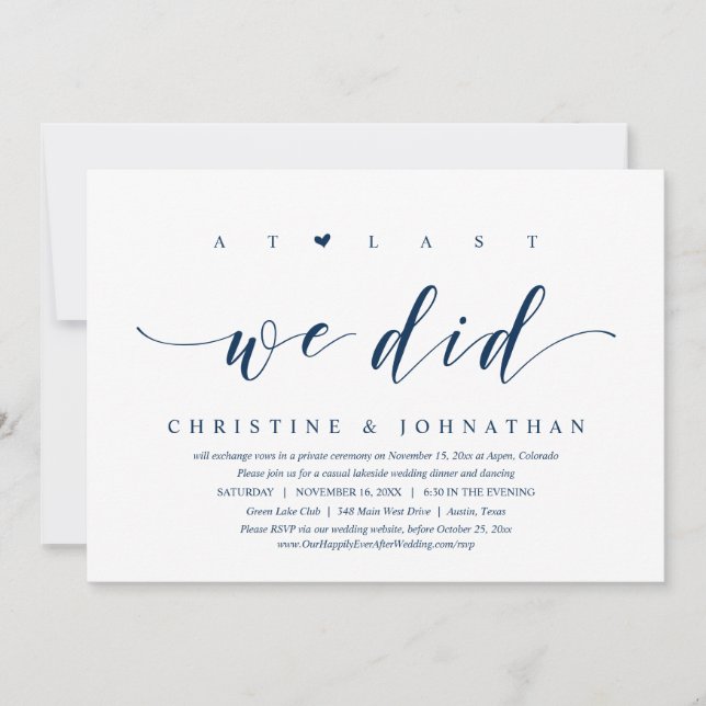 At Last, We Did, Wedding Elopement Dinner Party In Invitation (Front)