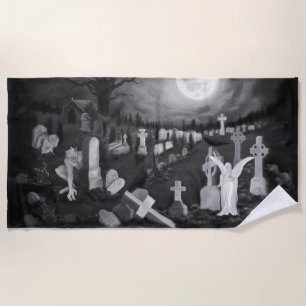 At night on the cemetery - Angel with Devil Beach Towel