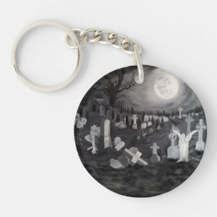 At night on the cemetery - Angel with Devil Key Ring