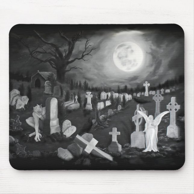 At night on the cemetery - Angel with Devil Mouse Mat (Front)