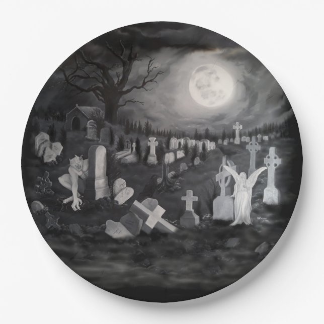 At night on the cemetery - Angel with Devil Paper Plate (Front)