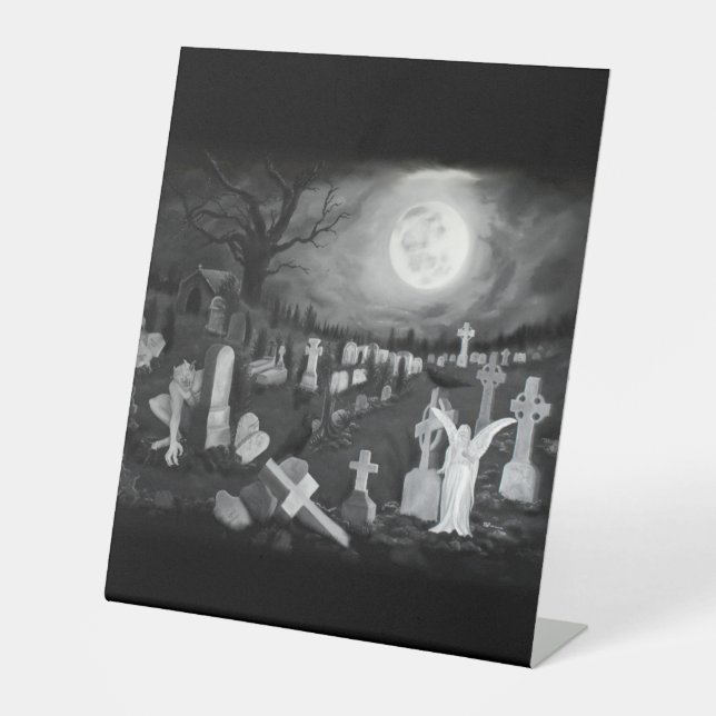 At night on the cemetery - Angel with Devil Pedestal Sign (Front)