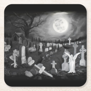 At night on the cemetery - Angel with Devil Square Paper Coaster