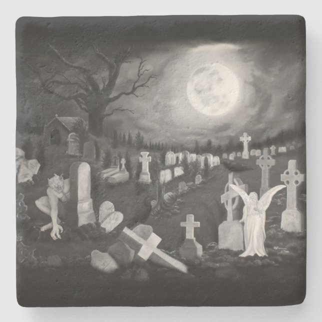 At night on the cemetery - Angel with Devil Stone Coaster (Front)