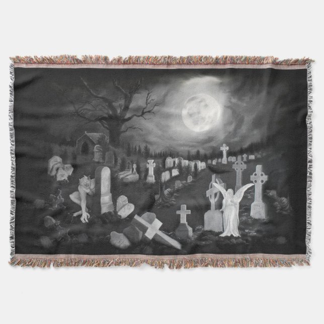 At night on the cemetery - Angel with Devil Throw Blanket (Front)