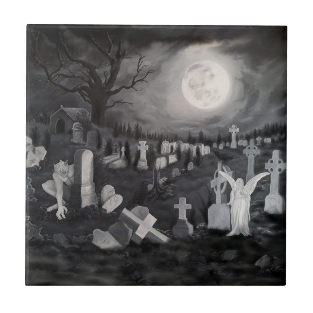 At night on the cemetery - Angel with Devil Tile (Front)