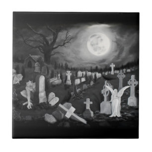 At night on the cemetery - Angel with Devil Tile